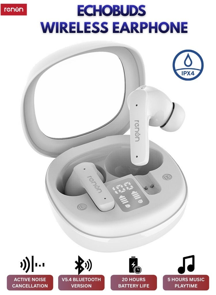 RENON EchoBuds Bluetooth 5.4 True Wireless Earbuds, Active Noise Cancelling ANC In-Ear Headphones, 20H Playtime, HD Sound, Fast Charging, IPX4 Waterproof, White - Image 1